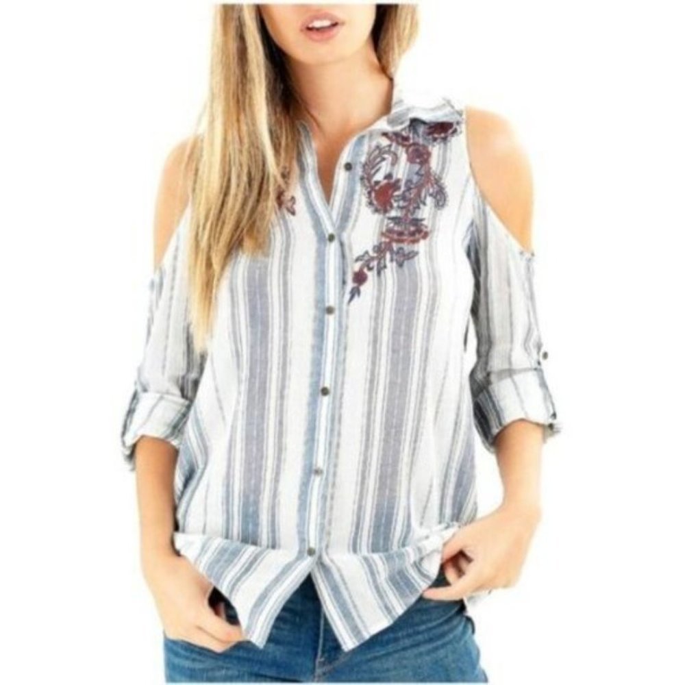 Knox Rose Women’s Blue Ivory Striped Button Front Cold Shoulder Pieced Blouse S